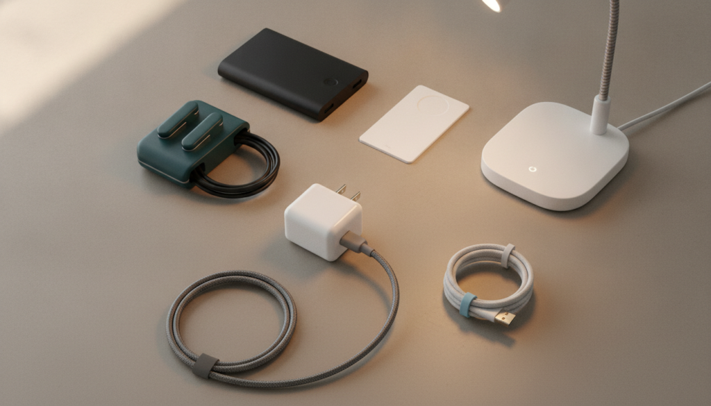 Useful tech gadgets under $30 arranged on a desk